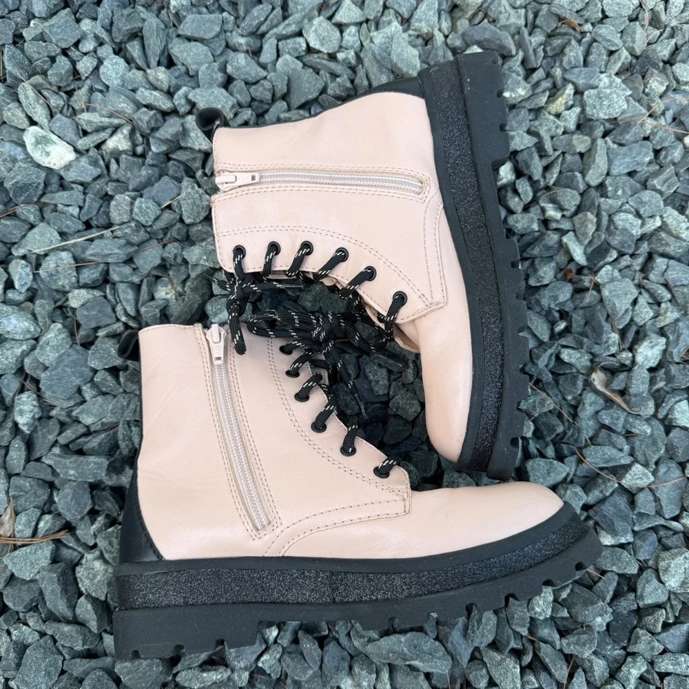Wonder Nation Girls Pink Combat Boots Glitter Lug Sole Heart Tread Size 2